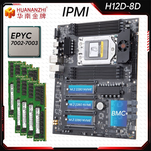 HUANANZHI H12D-8D Motherboard-Set EPYC Server-Kit mit AMD EPYC 7002 7003 Serie CPU, BMC IPMI, 8-Kanal-Speicher und Dual 2.5G Netzwerk, Schwarz - Bild 1