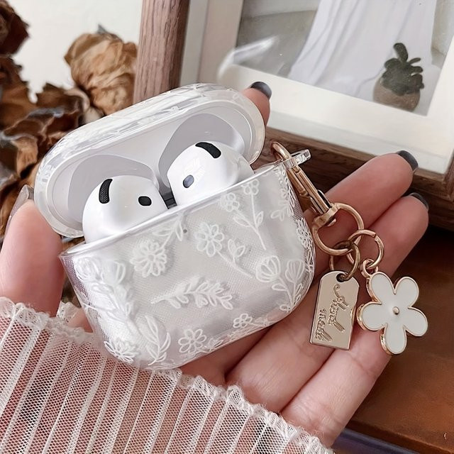 Elegante Kopfhörerhülle mit weißem Blumenmuster für Apple AirPods Pro 2, Pro 3 und AirPods 4/3/1/2 in Weiß - Bild 1