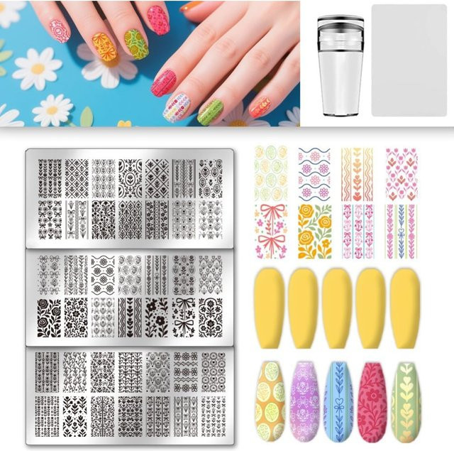 3er Set Edelstahl Nagelplatten Stempelset mit Blumen und Pflanzen Motiven in Silber für DIY Nageldesign - Bild 1