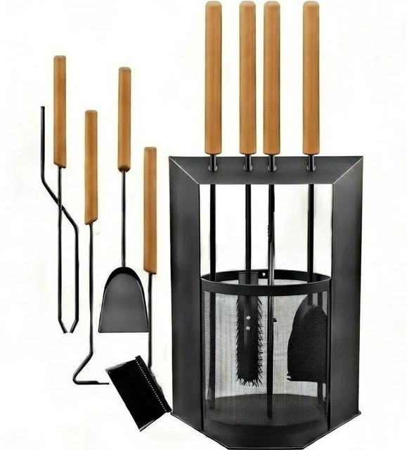 BLACK OAK Kaminbesteck DAVOS 5-teiliges Kaminwerkzeug-Set aus Stahl pulverbeschichtet in Schwarz mit Ständer für Kaminofen und Ofen, H x B x T: 60 x 29 x 16 cm - Bild 1
