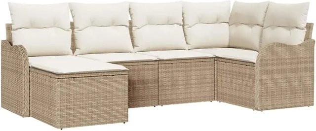 vidaXL Garten-Sofa-Set 6-teilig in L-Form mit Polstern und Kissen, Beige und Weiß, Poly-Rattan mit Metallgestell - Bild 1