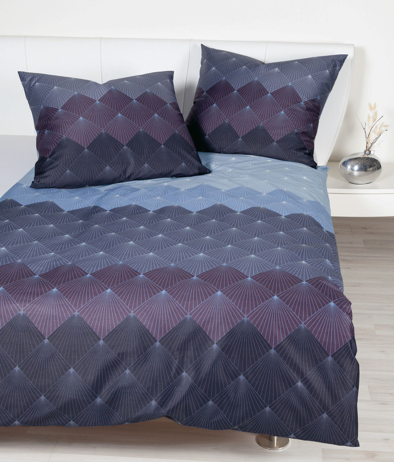 Janine Moments Mako-Satin Bettwäsche Rauten Fächer Blau Lila B/H: 240 x 220 cm mit Kissen 80 x 80 cm - Bild 1