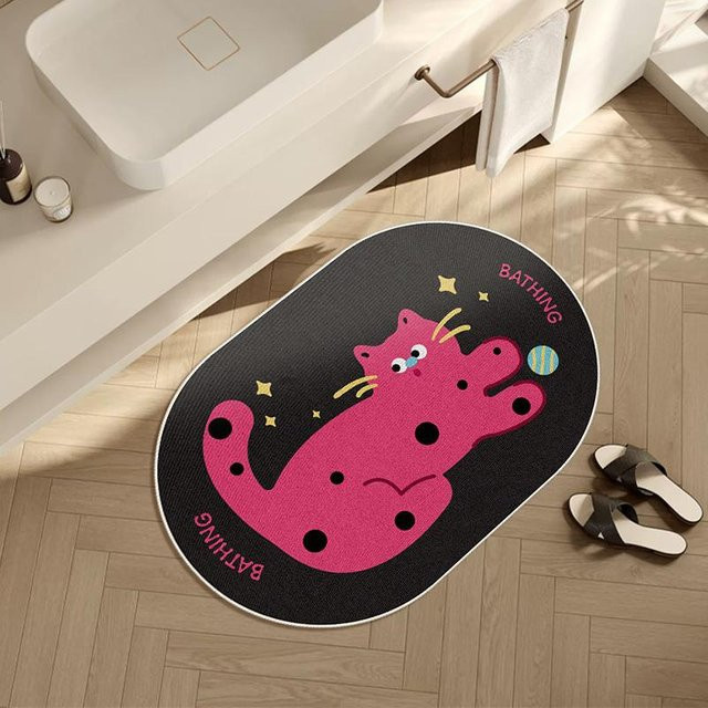 Yiran Furniture Badezimmer-Bodenmatte oval, schnell trocknend und wasserabsorbierend, Anti-Rutsch mit Cartoon-Design, Farbe: Schwarz, B/T: 60 x 40 cm - Bild 1