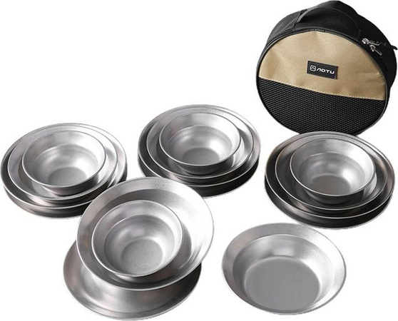 Aimo Camping Geschirr Set aus Edelstahl in Silber, 16-teilig für Outdoor, Camping und Wandern