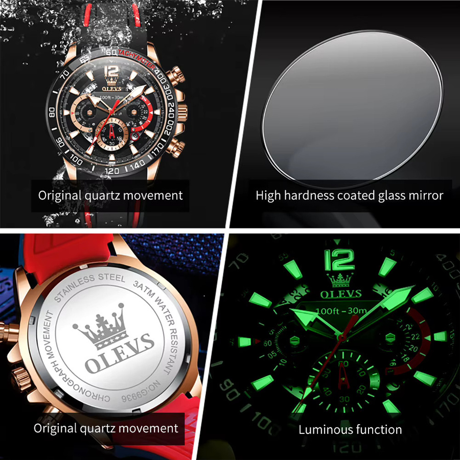 OLEVS Armbanduhr Quarz, Edelstahl, Silikon, Herren, Rot - Bild 3