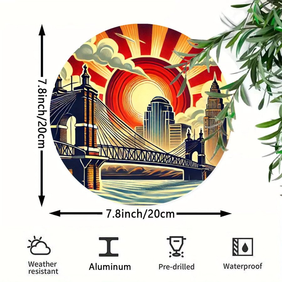 CIFBUY Cincinnati Reds Skyline Metallwandkunst Roebling Bridge Rundes Wanddekor Multicolour Durchmesser: 19,81 cm - Bild 2