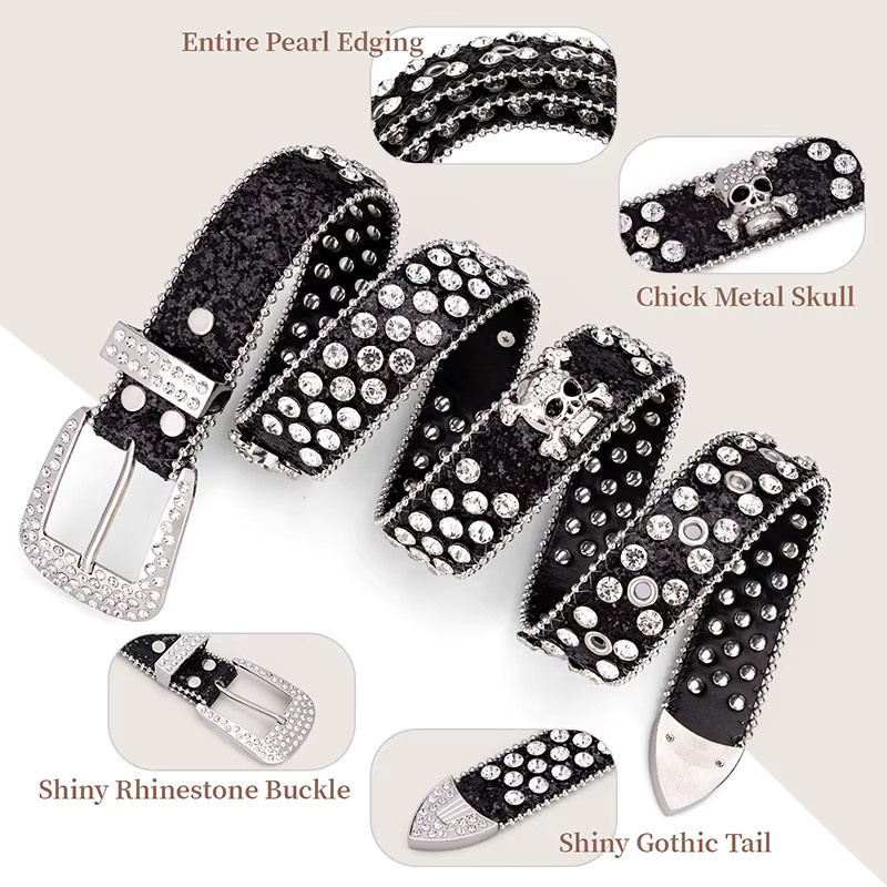Maikun Bb Gürtel, Schwarzer Strass, Western-Kopf-Schädel-Schnalle, Herren - Bild 2