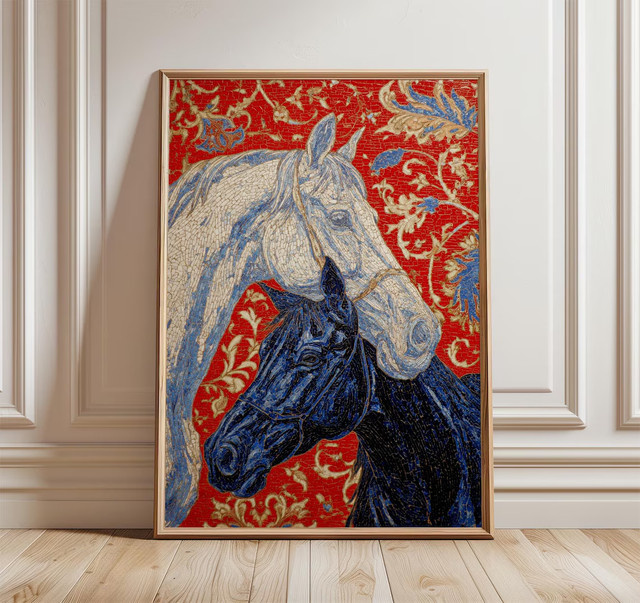 SHENCHEN Mosaik-Wandkunst Reitsport Pferde Leinwanddruck in Rot und Gold - Bild 1