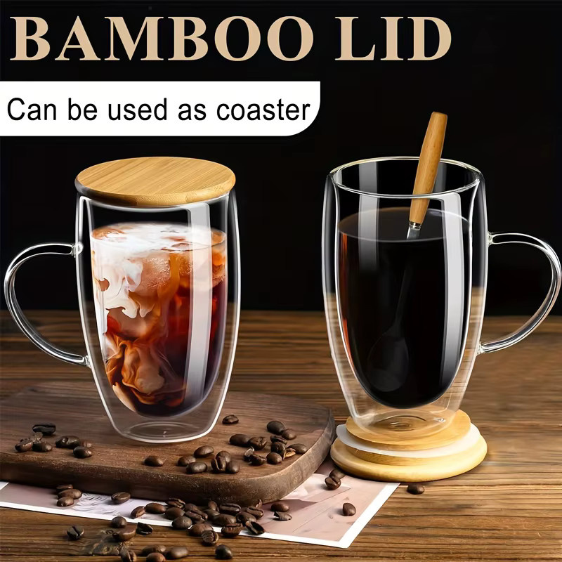 2er-Set KEMORELA Doppelwand-Gläser transparent mit Holzdeckel und Löffel, Kaffeebecher für Cappuccino und Espresso, 350 ml und 450 ml - Bild 2