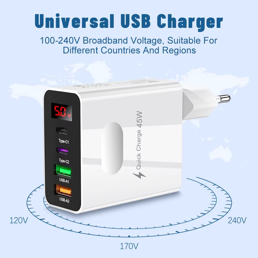 GUSEYEE 4-Port USB Typ C Ladegerät mit Digital Display, Quick Charge 3.0 und PD für Xiaomi, iPhone und Samsung, Schwarz - Bild 3