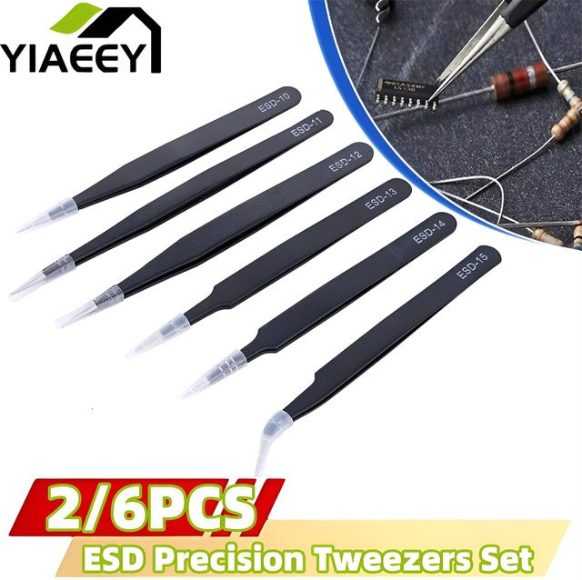 6-teiliges ESD Präzisionspinzetten-Set von YIAEEY aus schwarzem Edelstahl für Elektronikreparatur und Löten - Bild 1