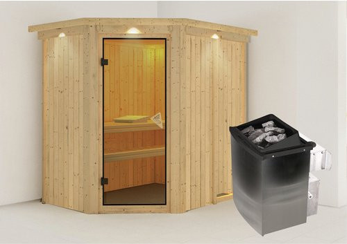 Karibu Sauna Vijandi aus Fichtenholz in Beige inklusive 9 kW Saunaofen mit integrierter Steuerung für 3 Personen, B/T/H: 210 x 165 x 202 cm - Bild 1