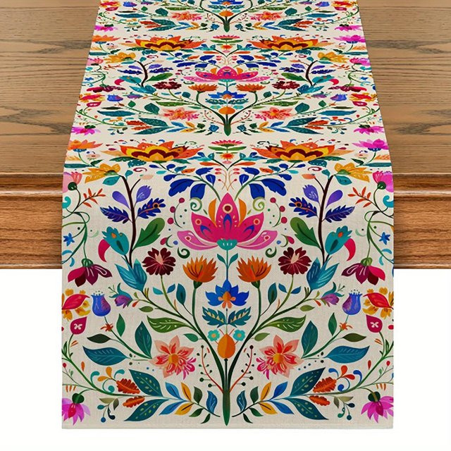 JINGYUE Pet Tischläufer aus Leinen mit floralem Dia De Los Muertos Design in Blau und Multicolour, B/L: 150 x 33 cm - Bild 1