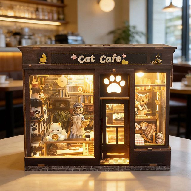 ELEVEN-CUTE DIY Holz-Katzenkaffeehaus Miniatur-Modellbausatz mit Möbeln und LED-Beleuchtung in Braun - Bild 1