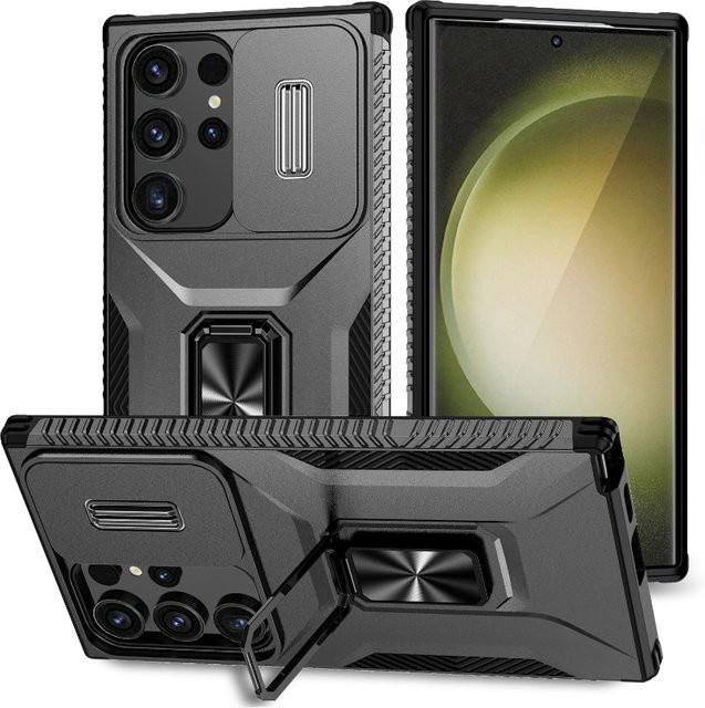 360 Grad rotierende Metall Handyhülle mit Ring und Push-Pull Kameraschutz für Samsung Galaxy S25 Ultra S24 Ultra Plus S23 S22 S21 in Schwarz oder Grün - Bild 1