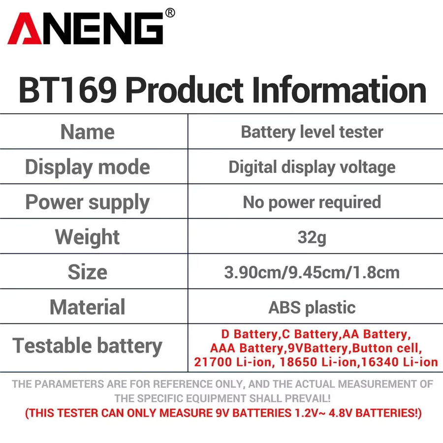 ANENG BT169 Digitaler Batterietester in Schwarz als Universal-Detektor für AA, AAA, 9V, 18650 und Knopfzellen - Bild 6