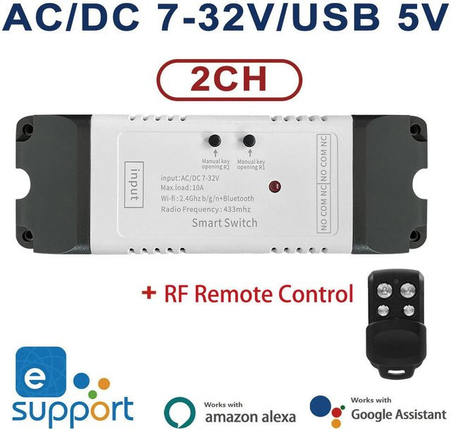 KUANGZIPENG EWeLink Smart WLAN-Schalter 2-Kanal Universelles Relaismodul Weiß mit Timer und Fernbedienung für Google Home, USB 5V DC7-32V - Bild 1