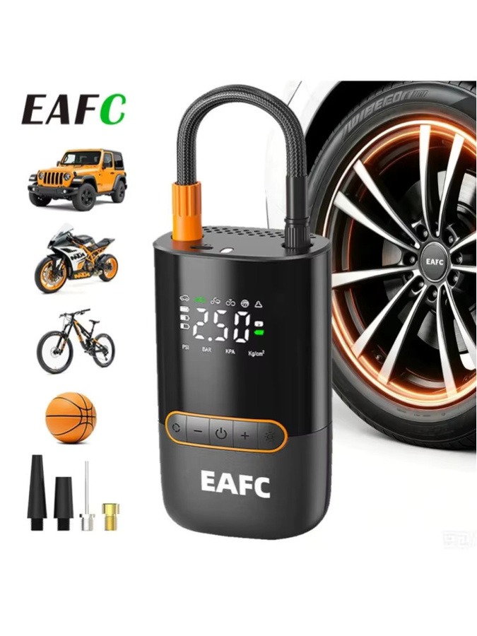 EAFC Digitaler Luftkompressor Schwarz: Tragbare Kabellose Luftpumpe als Reifenfüller für Motorräder, Fahrräder und Bälle mit Powerbank-Funktion und Notlicht - Bild 8