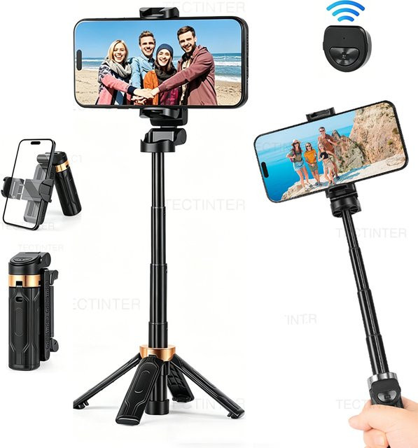 TECTINTER Faltbares Selfie-Stick-Stativ mit kabelloser Fernbedienung und Handyhalterung für iOS und Android, Schwarz - Bild 1