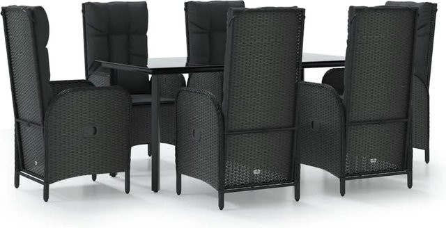 vidaXL 7-teilige Garten-Essgruppe aus Poly Rattan in Schwarz mit Tisch aus gehärtetem Glas und Kissen - Bild 1
