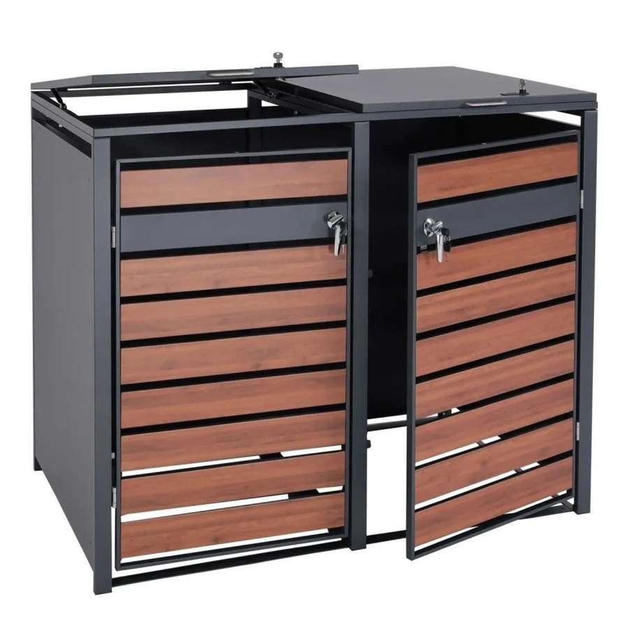 MCW 2er Mülltonnenverkleidung J81 Mülltonnenbox aus Metall in Anthrazit mit Kirsche-Holzoptik Dunkelbraun, B/T/H: 117 x 132 x 80 cm - Bild 2