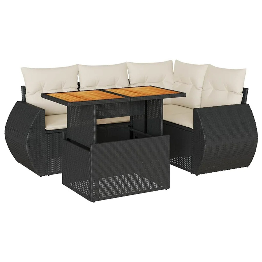 vidaXL 5-tlg Garten-Sofagarnitur in L-Form aus Poly-Rattan und Akazienholz mit Kissen in Schwarz-Creme - Bild 2