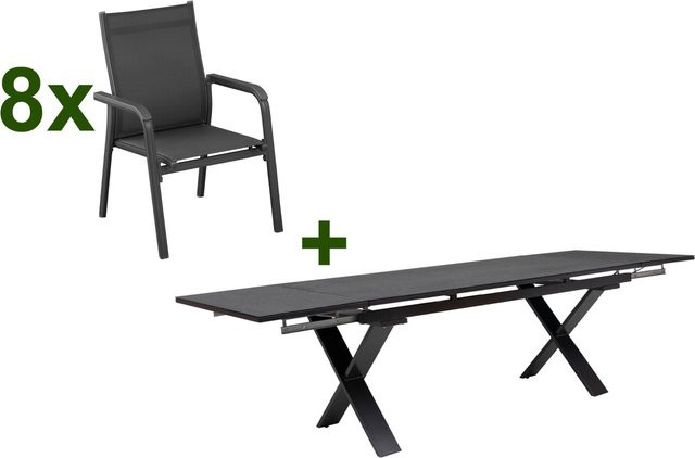 Kettler BasicPlus Garten-Essgruppe in Anthrazit mit ausziehbarem Tisch und 8 Stapelsesseln aus Aluminium und Textil - Bild 1
