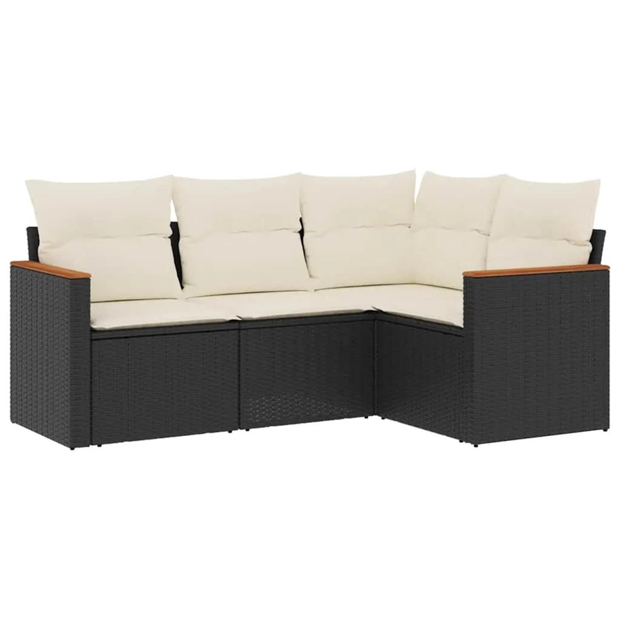 vidaXL 4-tlg Garten-Sofagarnitur in L-Form aus Poly-Rattan und Akazienholz mit Kissen in Schwarz - Bild 2