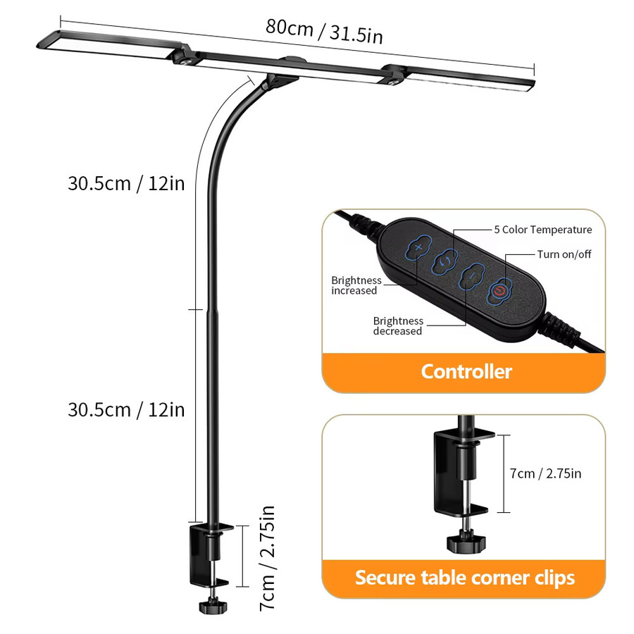 Augenschonende Architektenlampe mit 3 Köpfen in Schwarz, flexible Tischlampe mit Klemme und USB-Anschluss für Home Office und Büro - Bild 4