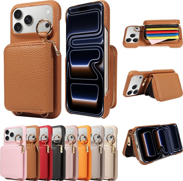 Trendige PU-Leder Handyhülle für Samsung Galaxy S26 S25 S24 S23 FE Ultra Plus A56 A54 A16 mit Kartenfach und Ring-Lanyard in Braun - Bild 1