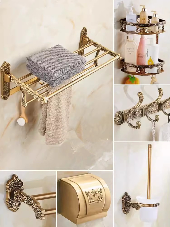 Tuqiu Badezimmer-Set aus Bronze und Aluminium mit Handtuchhalter, Toilettenpapierhalter und Toilettenbürstenhalter in Gold - Bild 2