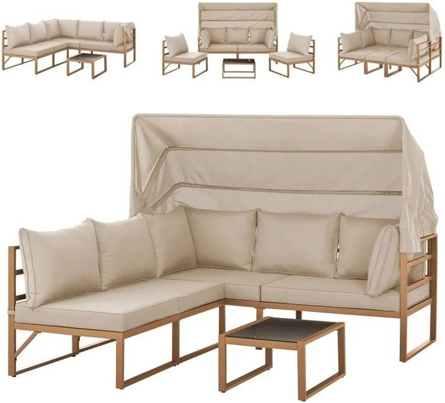 Svita Maui Gartenmöbel-Lounge-Set mit Dach, L-Shape Outdoor-Sofa in Beige mit Metallgestell und Polsterung - Bild 1