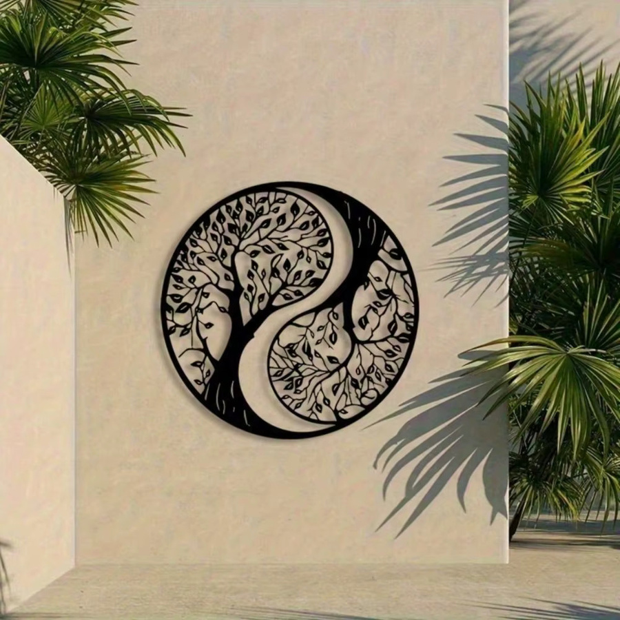 CIFBUY Metall-Wanddekoration Yin-Yang Lebensbaum in Schwarz, Runde Metallkunst mit floralem Design für dein Wohnzimmer - Bild 5