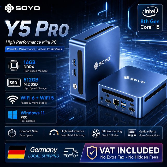 SOYO Mini-PC Y5 Pro mit Intel Core i5 CPU, 16GB DDR4 RAM, 512GB M.2 SSD, Windows 11 Pro, WiFi 6 und 4K-Ausgabe via HDMI und Typ-C, Blau - Bild 1