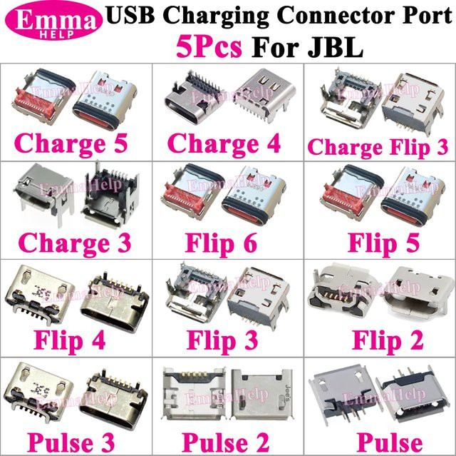 5er Set Micro USB und USB-C Ladeport Stecker für JBL Bluetooth Lautsprecher in Silber - Bild 1
