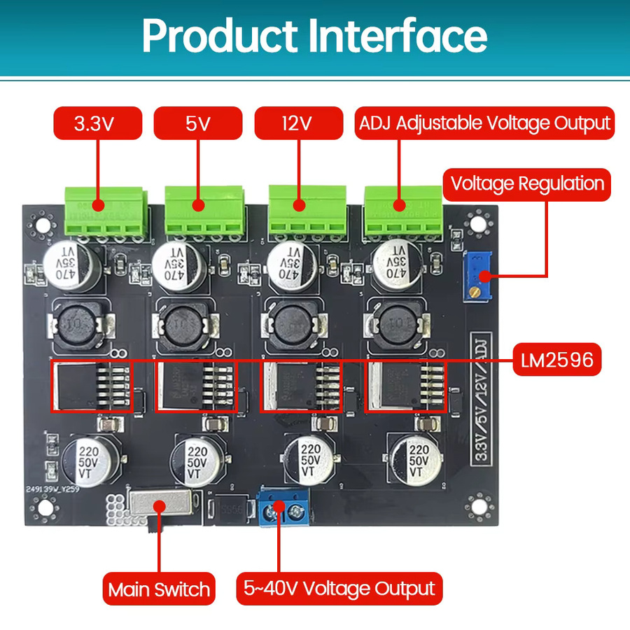 LM-2596 Multi-Circuit-Schaltnetzteilmodul mit einstellbaren Spannungen 3,3 V, 5 V und 12 V von UICPAL - Bild 4
