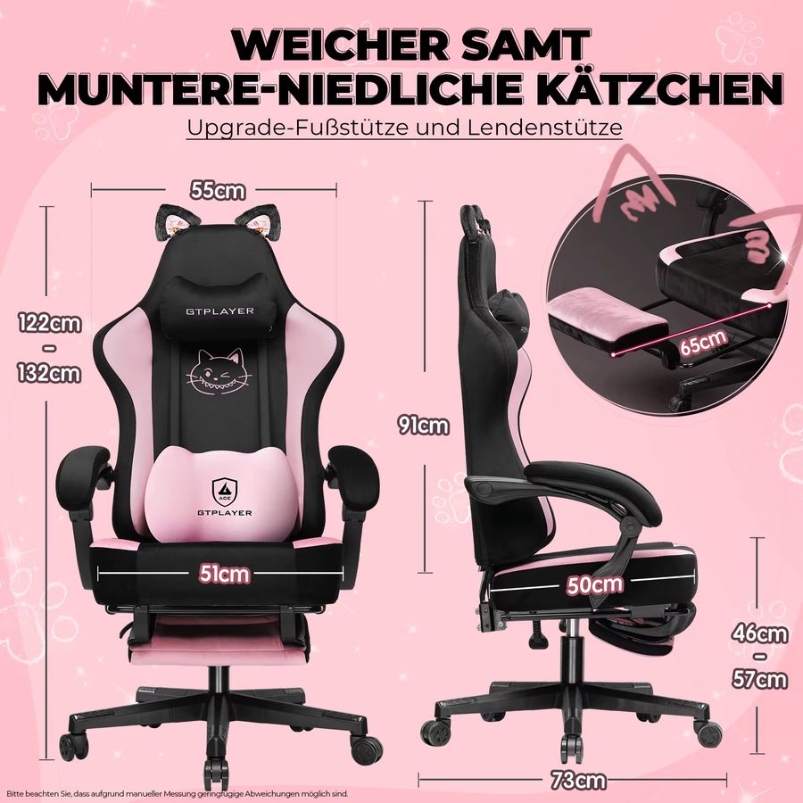 GTPLAYER Gaming Stuhl aus Samtstoff mit Katzenohren in Rosa, ergonomischer Bürostuhl bis 150 kg - Bild 3