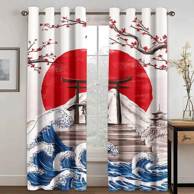 A Family Of Home Textiles Verdunkelungsvorhänge mit japanischem Sonnenaufgangswellen-Muster, 2er-Set, Schwarz/Mehrfarbig, B: 50 cm, H: 130 cm - Bild 1