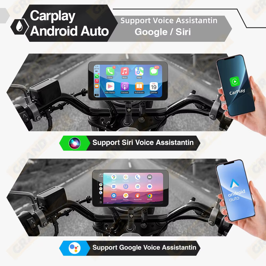 Grandnavi Tragbares 6,5 Zoll Motorrad Display mit Wireless CarPlay und Android Auto, IP67 Wasserdicht, Bluetooth, Schwarz - Bild 4