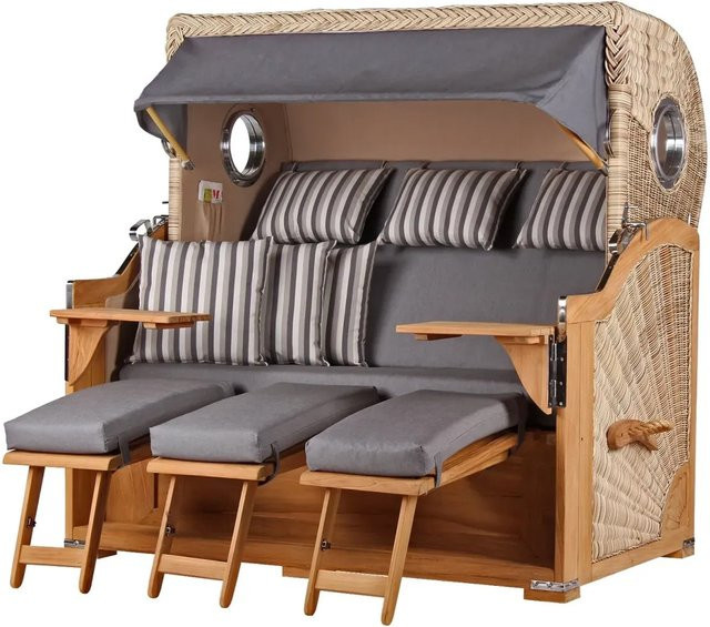 beneiving Strandkorb Komplettset Königssee 3 Sitzer in Teakholz mit PE Shell Modell 544, Braun, inklusive Liftersystem, Schutzhülle, Doppelrollen und Glasbecherhalter - Bild 1