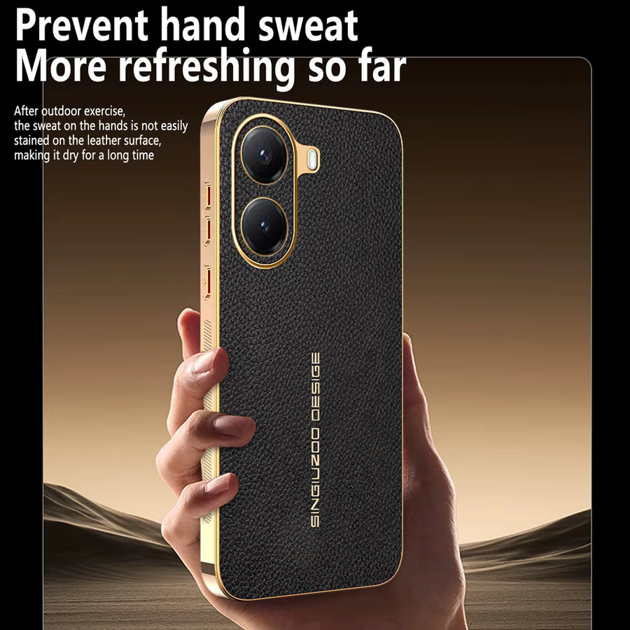 Luxus Lederhülle mit Lychee-Muster und plattiertem Rahmen für Xiaomi POCO X8 Pro Max X7 F8 Ultra F7 M8 Pro M7, Farbe: Schwarz - Bild 3