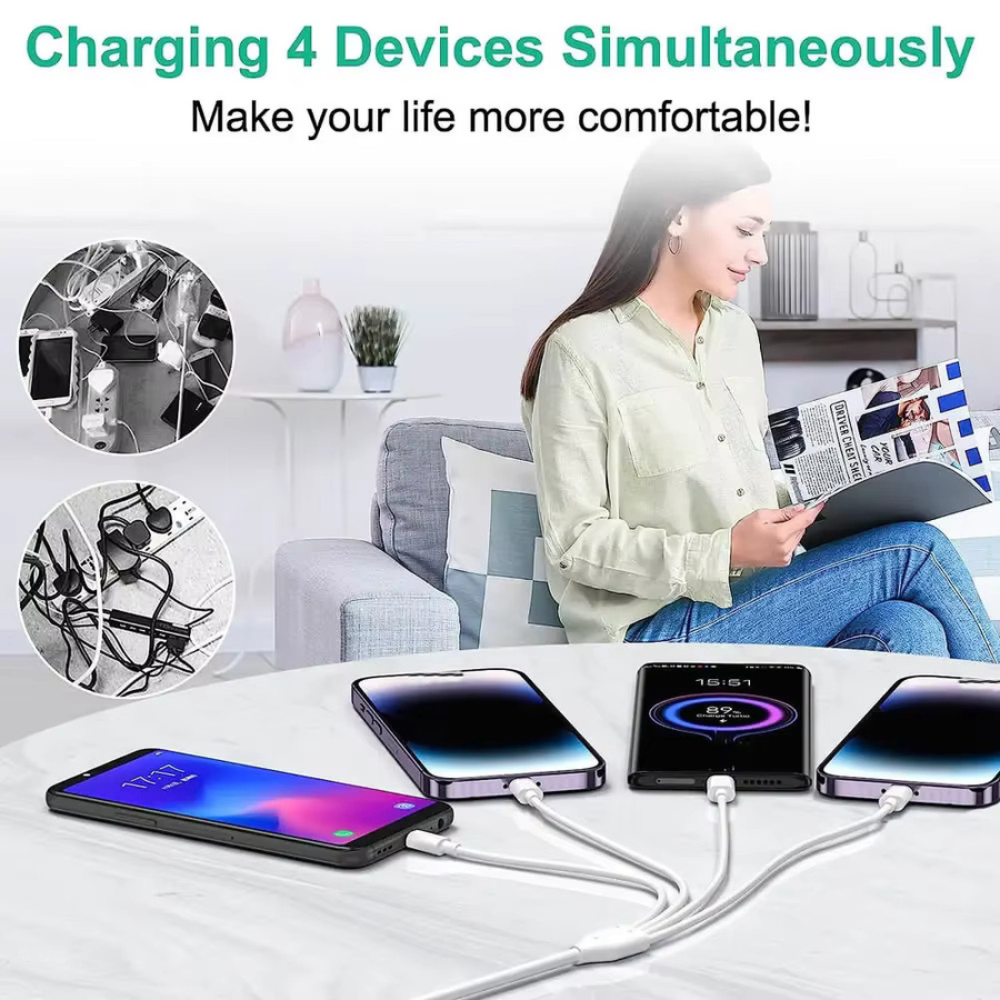 4-in-1 Multi-Ladekabel Weiß mit USB & Typ-C zu Typ-C, Micro-USB und Lightning für Mobiltelefone und MP3-Player - Bild 2