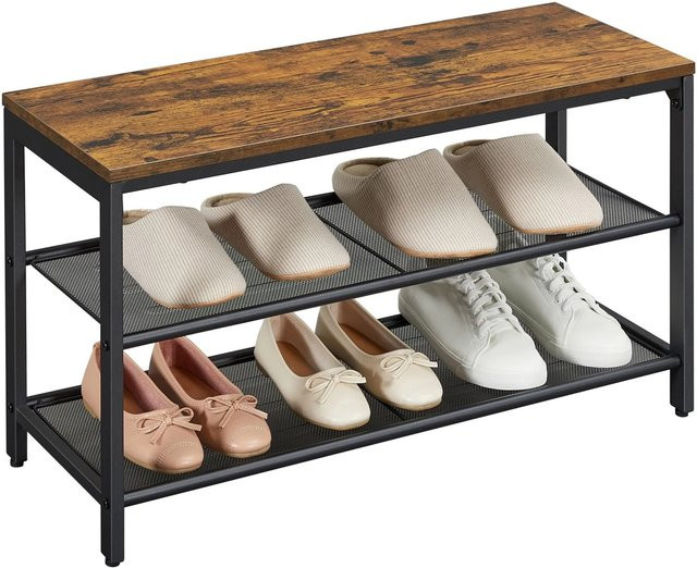 Songmics Dacey Schuhbank im Vintage-Stil aus Holz und Metall, Farbe Braun-Schwarz, B/T/H: 80 x 30 x 44,5 cm - Bild 1