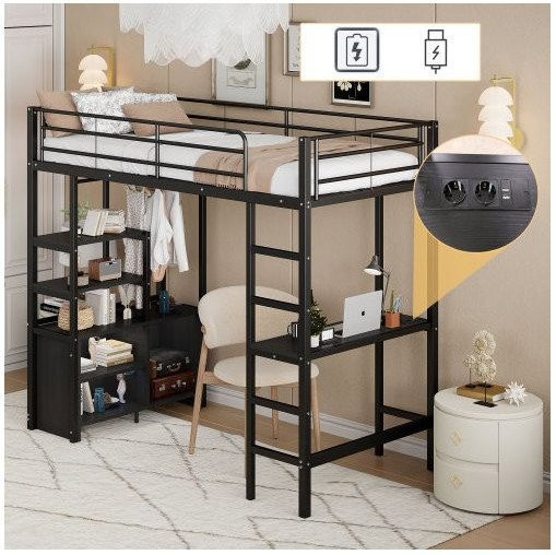 Hochbett MUVOE aus Metall mit integriertem Schreibtisch, Steckdose und USB-Anschluss, Farbe: Schwarz, B/T/H: 90 x 200 cm - Bild 1