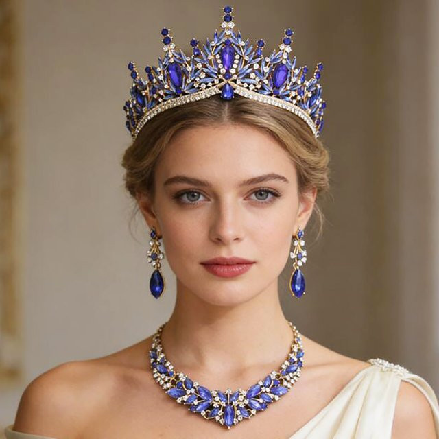 Schmuck-Set Tiara, Halskette, Ohrringe, Silber, Kristall, Damen - Bild 1