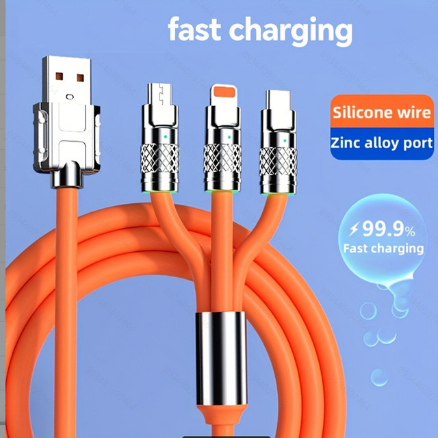 OIITH 3-in-1 Silikon-Ladekabel mit 120W Schnellladefunktion für USB-C, Micro-USB und Lightning in Grün und Orange - Bild 1