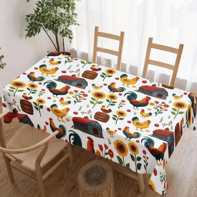 JINGYUE Pet Rechteckige Tischdecke mit Haus Huhn und Sonnenblumen Motiv, Wasserdicht und Waschbar, Mehrfarbig, B: 140 cm, L: 200 cm - Bild 1