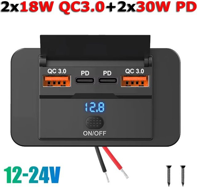 Kebidumei 96W USB Schnellladegerät mit 4 Ports, Dual PD und Dual QC 3.0, Typ C USB Power Panel mit Schalter für Bus, LKW und Marine, Schwarz - Bild 1