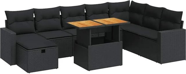 vidaXL 9-tlg. Garten-Sofagarnitur in L-Form aus schwarzem Poly-Rattan mit Kissen und pulverbeschichtetem Stahlgestell - Bild 1