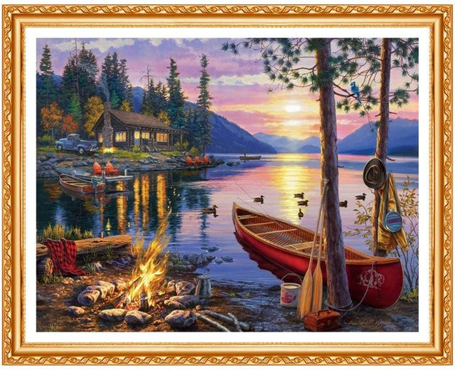FIYO Diamant-Gemälde als Kreuzstich-Landschaft mit Sonnenuntergang und Booten, Mehrfarbig, B: 30 cm, H: 20 cm - Bild 1